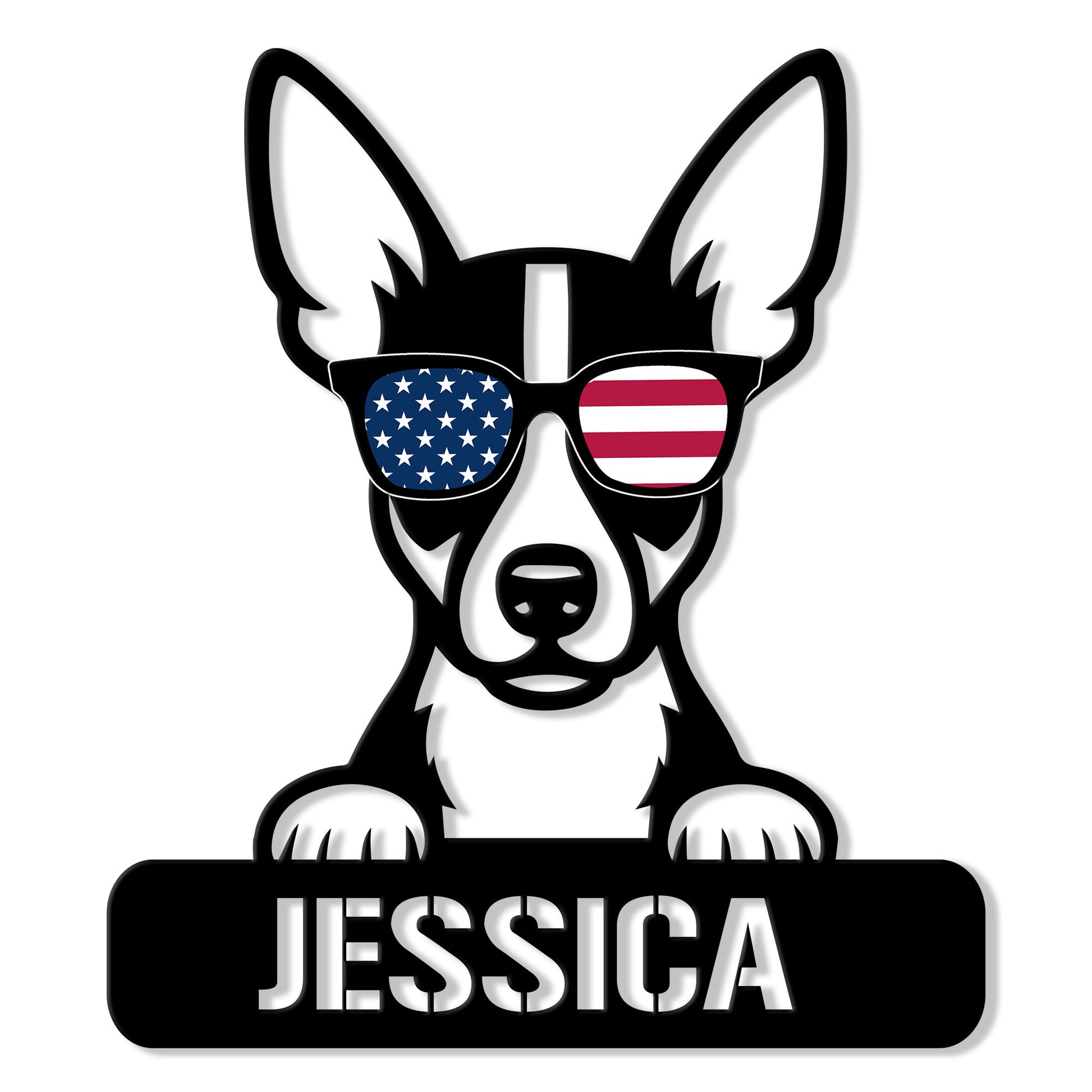 Custom Rat Terrier metal sign featuring a black and white dog wearing American flag sunglasses