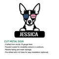 Rat Terrier metal sign shown with a patriotic dog design and cut metal sign details