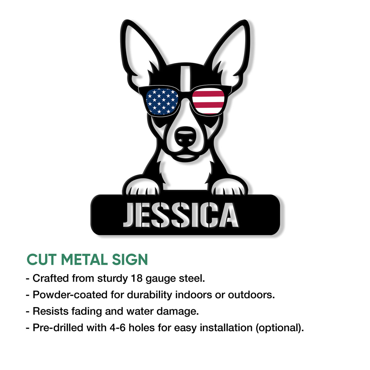 Rat Terrier metal sign shown with a patriotic dog design and cut metal sign details