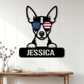 Patriotic Rat Terrier wall sign displayed on a white paneled wall above a wooden console