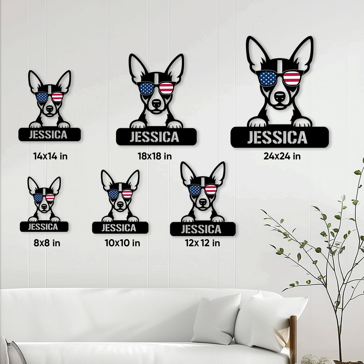 Rat Terrier metal sign size guide showing available square sizes from 8 by 8 to 24 by 24 inches