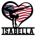 Patriotic gymnastics metal sign featuring a gymnast silhouette inside a heart-shaped American flag design