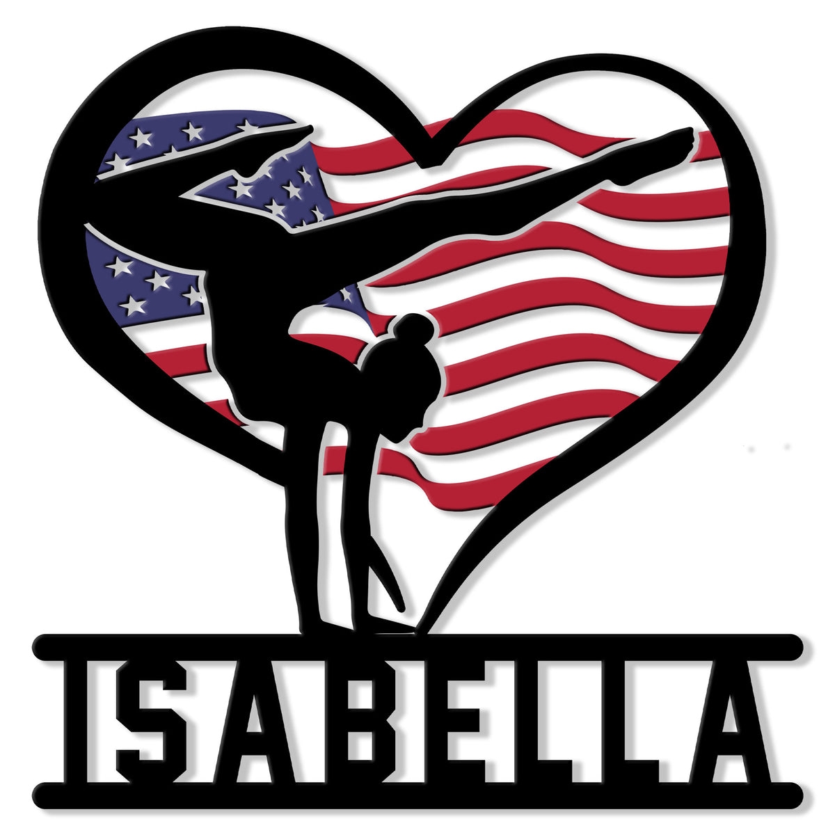 Patriotic gymnastics metal sign featuring a gymnast silhouette inside a heart-shaped American flag design