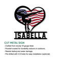 Patriotic gymnast metal sign shown with cut metal sign features and an American flag heart design