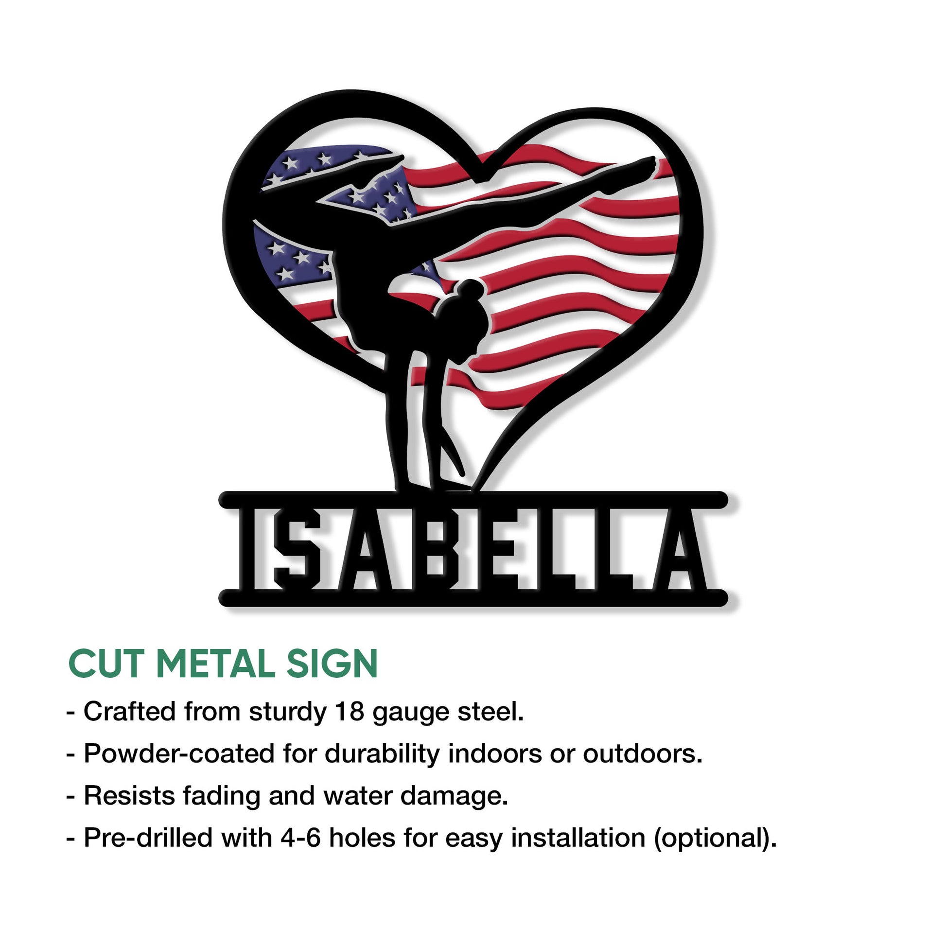 Patriotic gymnast metal sign shown with cut metal sign features and an American flag heart design