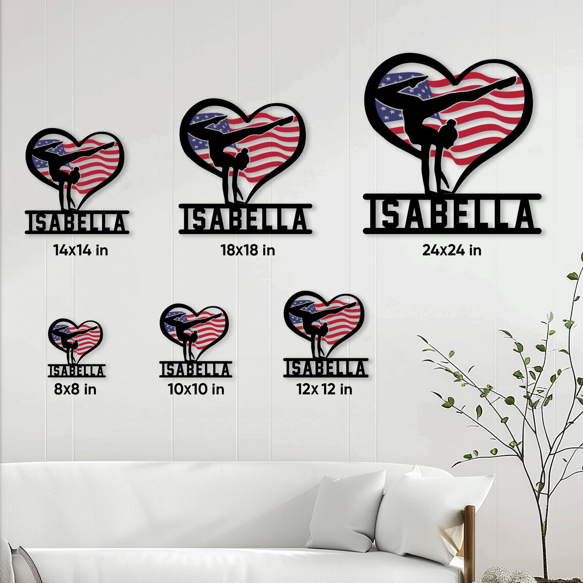 Gymnastics metal sign size guide showing available square sizes from 8 by 8 to 24 by 24 inches