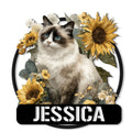 Ragdoll cat metal sign with blue eyes, sunflowers, and a detailed floral frame