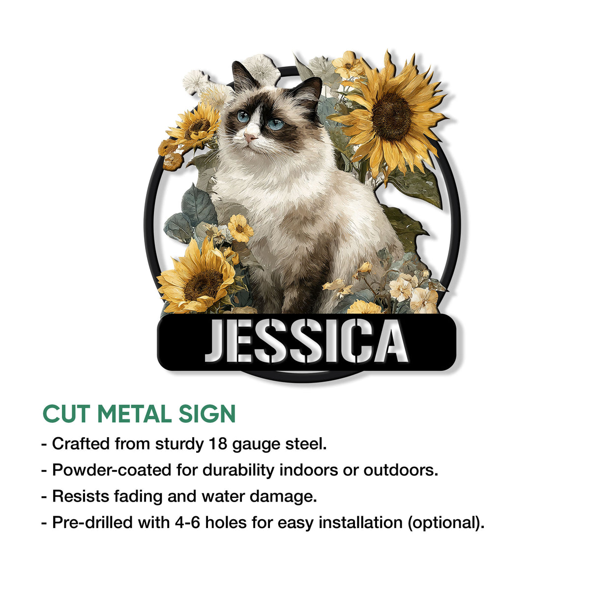 Ragdoll cat cut metal sign shown with product feature details and floral artwork