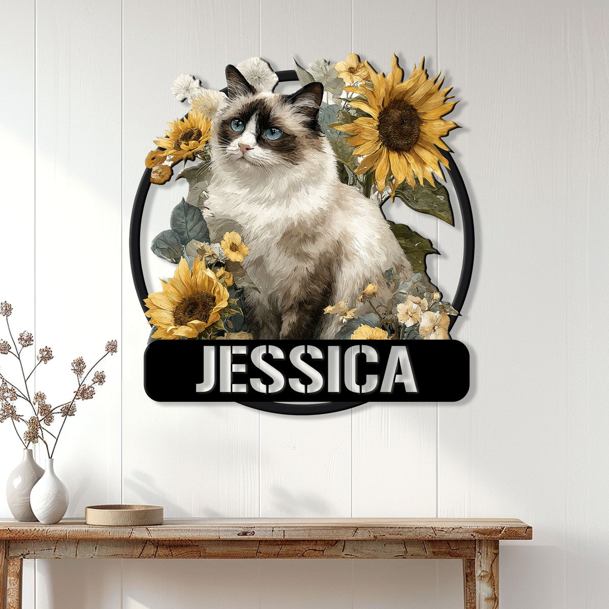 Ragdoll cat wall sign displayed on a bright paneled wall above a console table