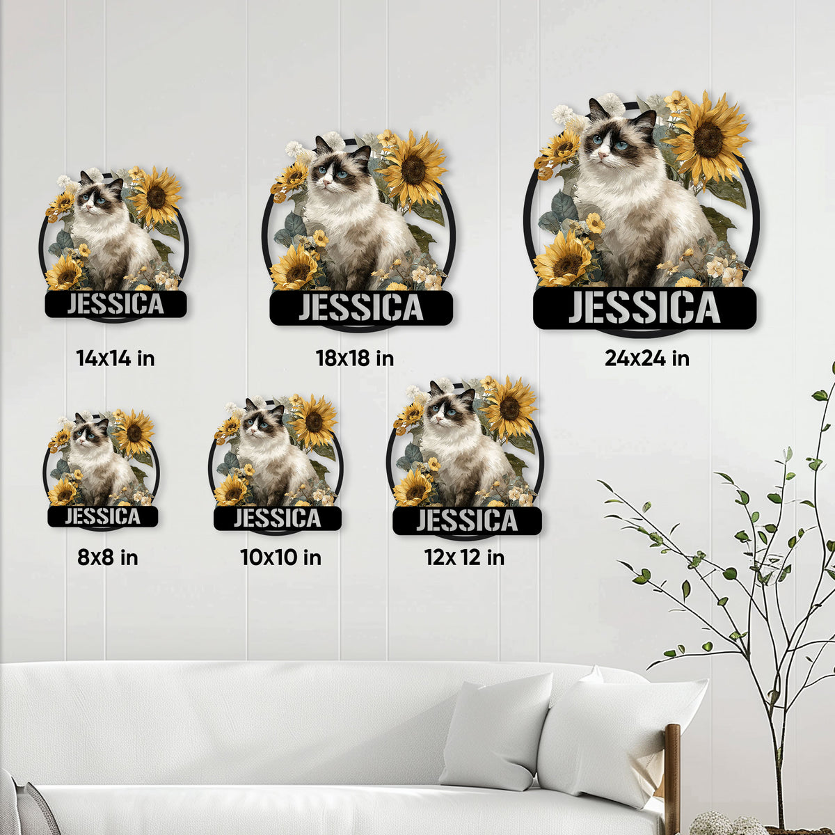 Ragdoll cat metal sign shown in multiple sizes as a home wall decor display