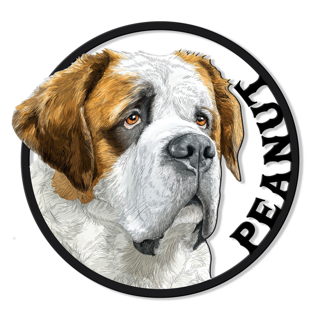 Detailed Saint Bernard portrait metal sign with a circular black border and bold Bernard lettering
