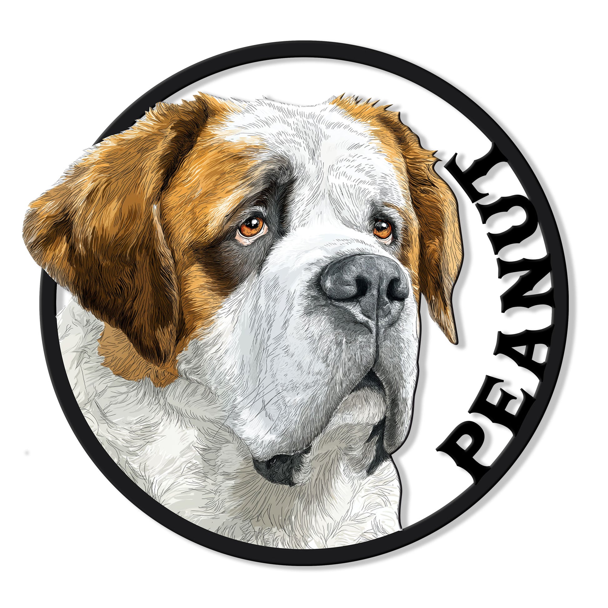 Detailed Saint Bernard portrait metal sign with a circular black border and bold Bernard lettering