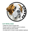 Saint Bernard cut metal sign product graphic with a close-up dog portrait and feature information