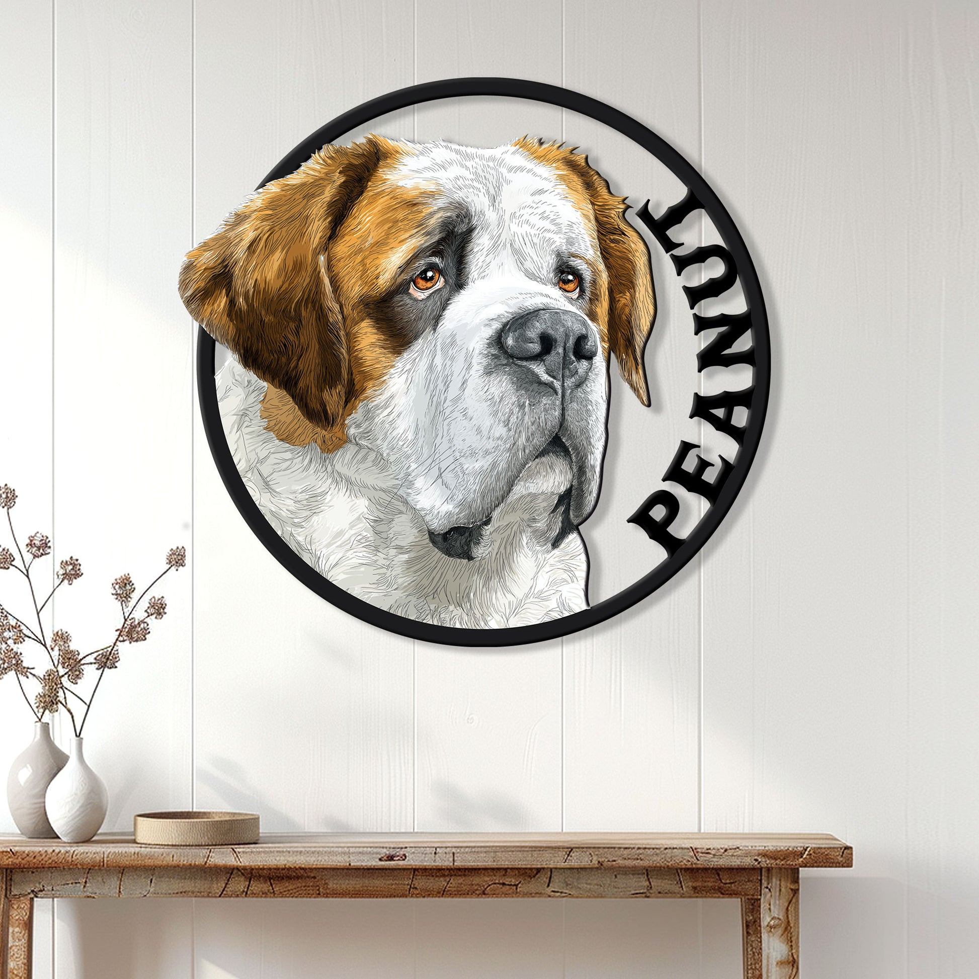 Saint Bernard metal wall sign displayed above a console table in a bright home entryway