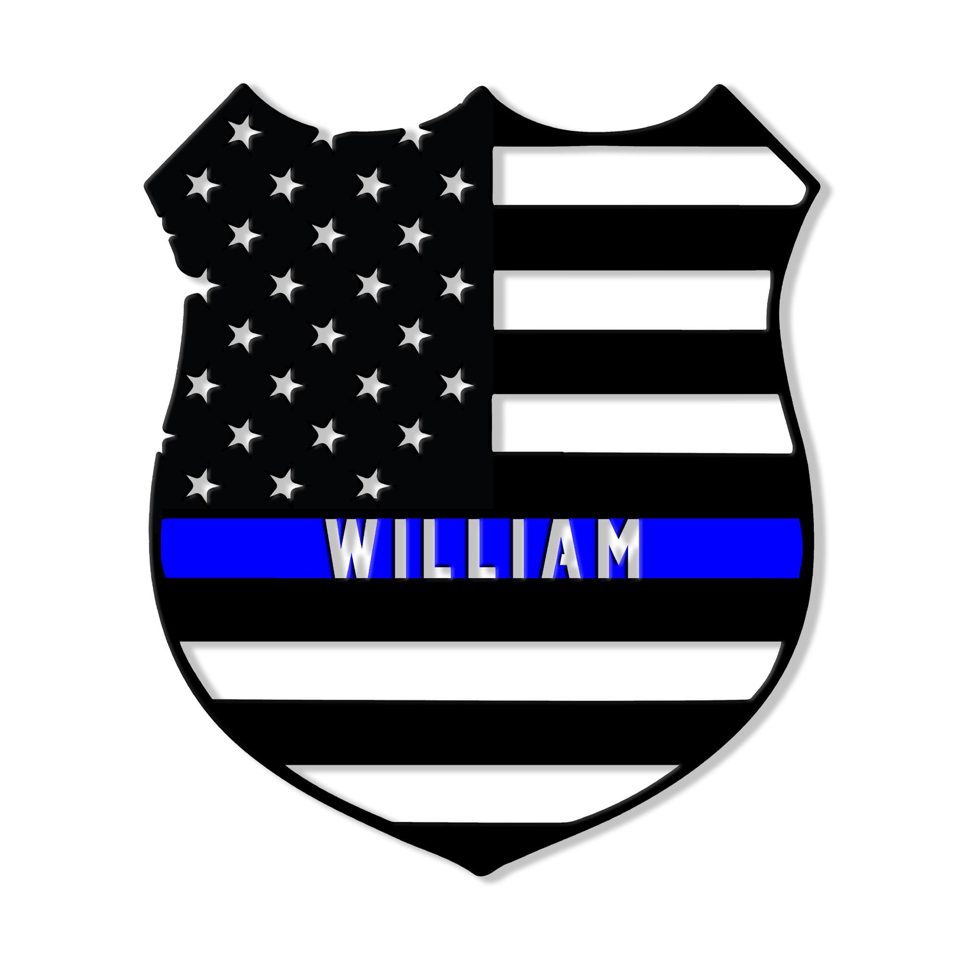 Custom police metal sign featuring a black American flag shield with a blue line accent
