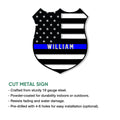 Police thin blue line flag metal sign shown with cut metal sign product information