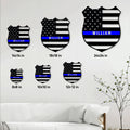 Police metal sign size guide showing six available shield-shaped sign dimensions