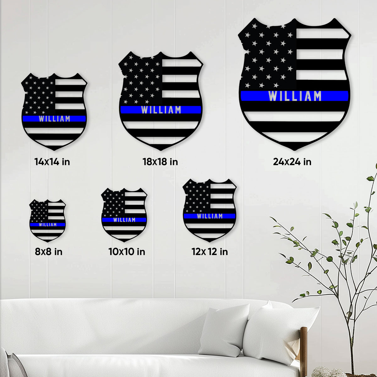 Police metal sign size guide showing six available shield-shaped sign dimensions