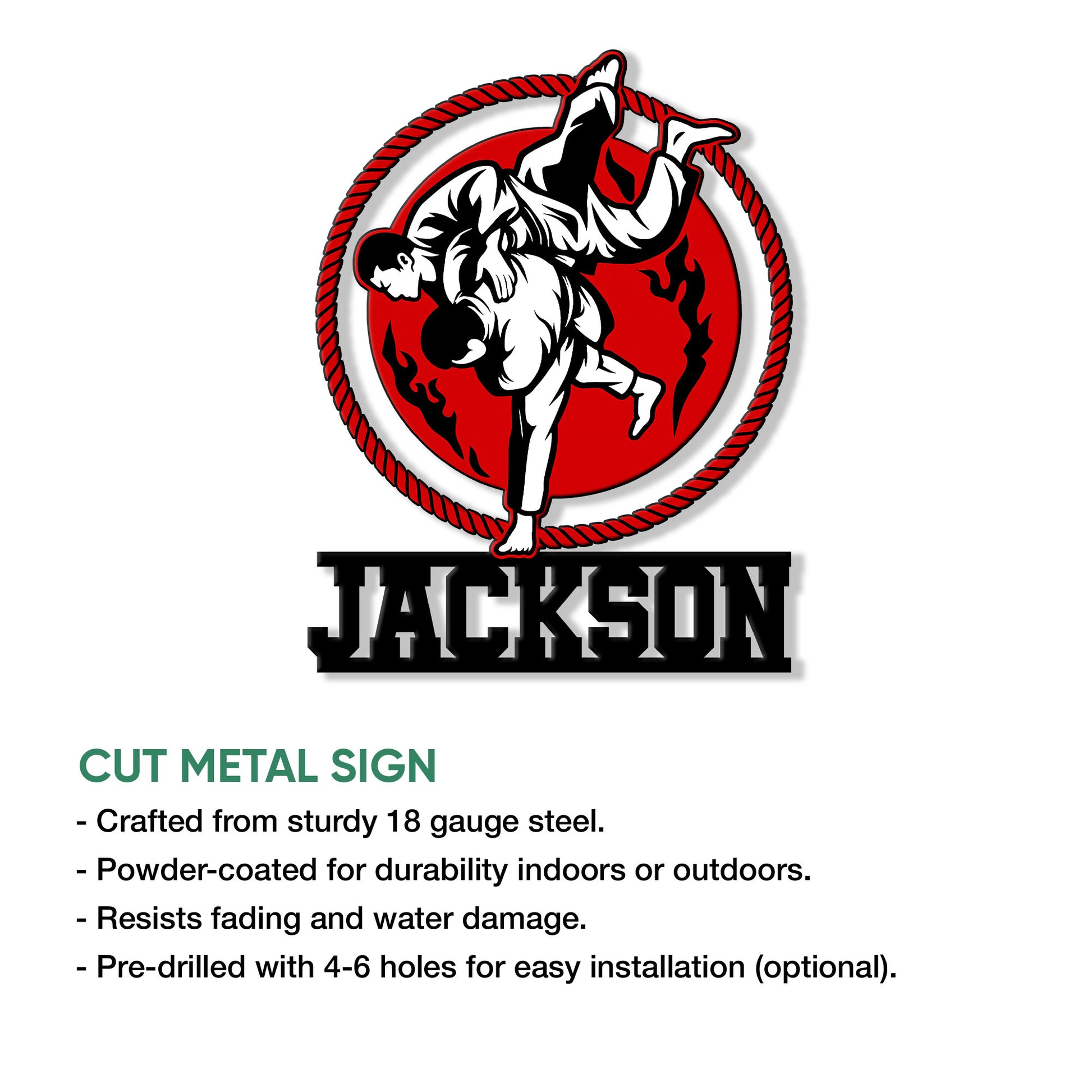 Brazilian Jiu-Jitsu metal sign shown with a grappling design and product feature information
