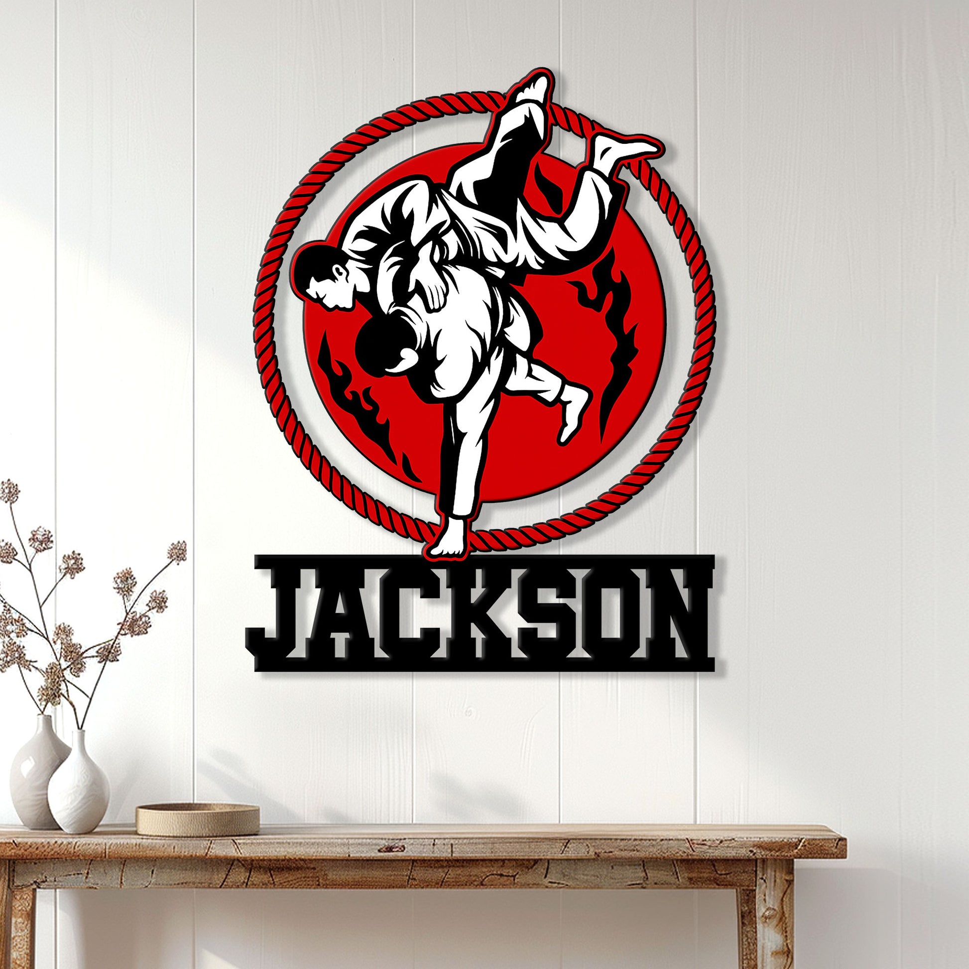 Jiu Jitsu wall sign displayed in a bright home interior above a console table