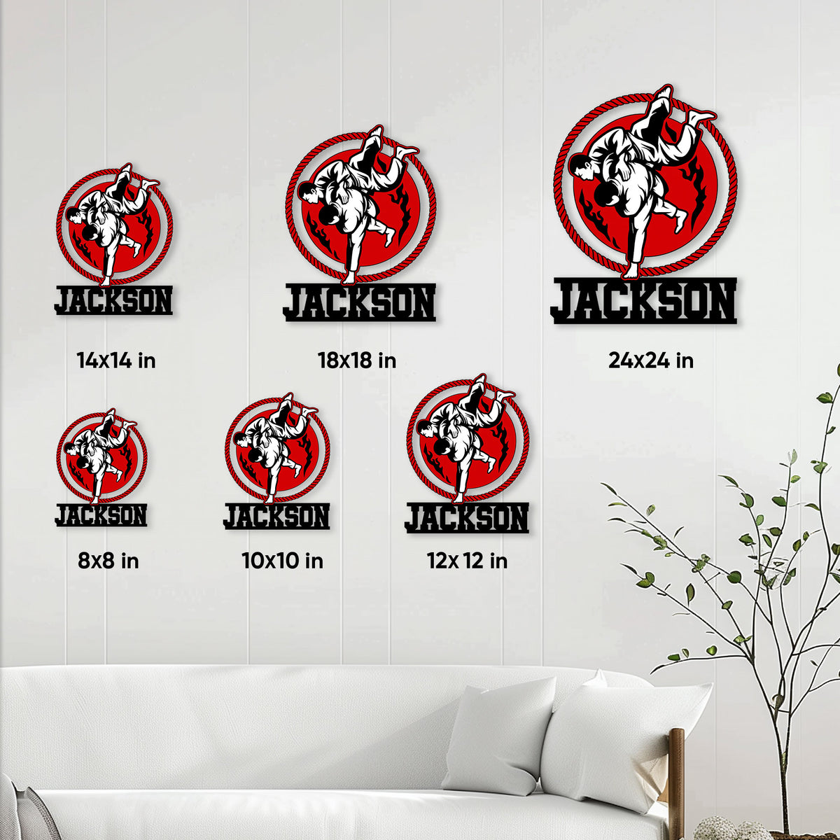 Jiu Jitsu metal sign shown in multiple size options on a living room wall