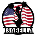 Cheerleading metal sign with a pom-pom cheerleader silhouette against a waving American flag