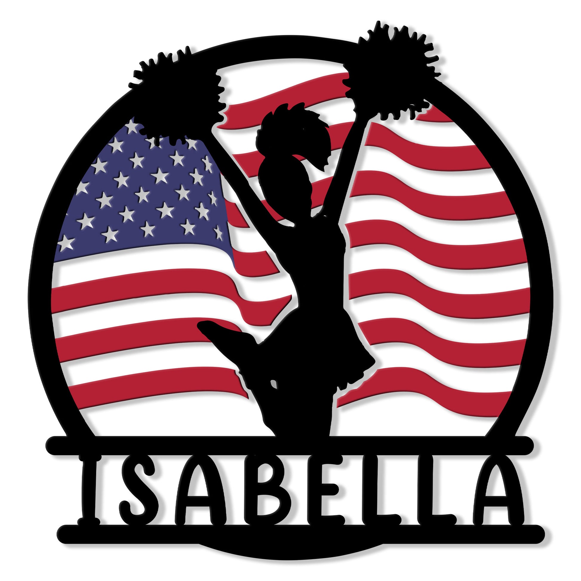 Cheerleading metal sign with a pom-pom cheerleader silhouette against a waving American flag