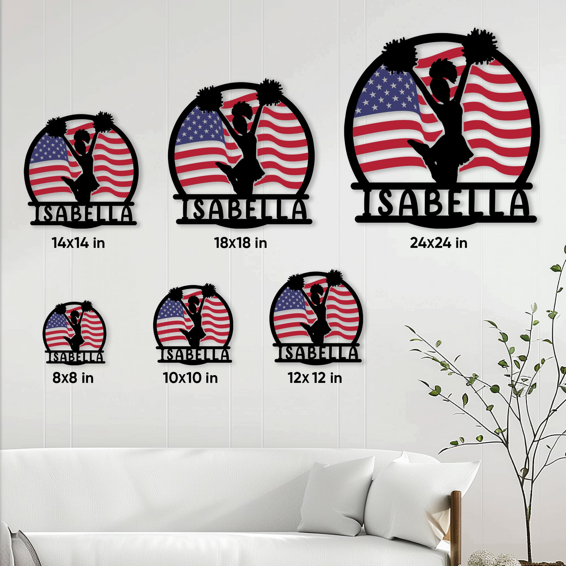 Cheerleading wall sign shown in multiple size options above a modern living room sofa