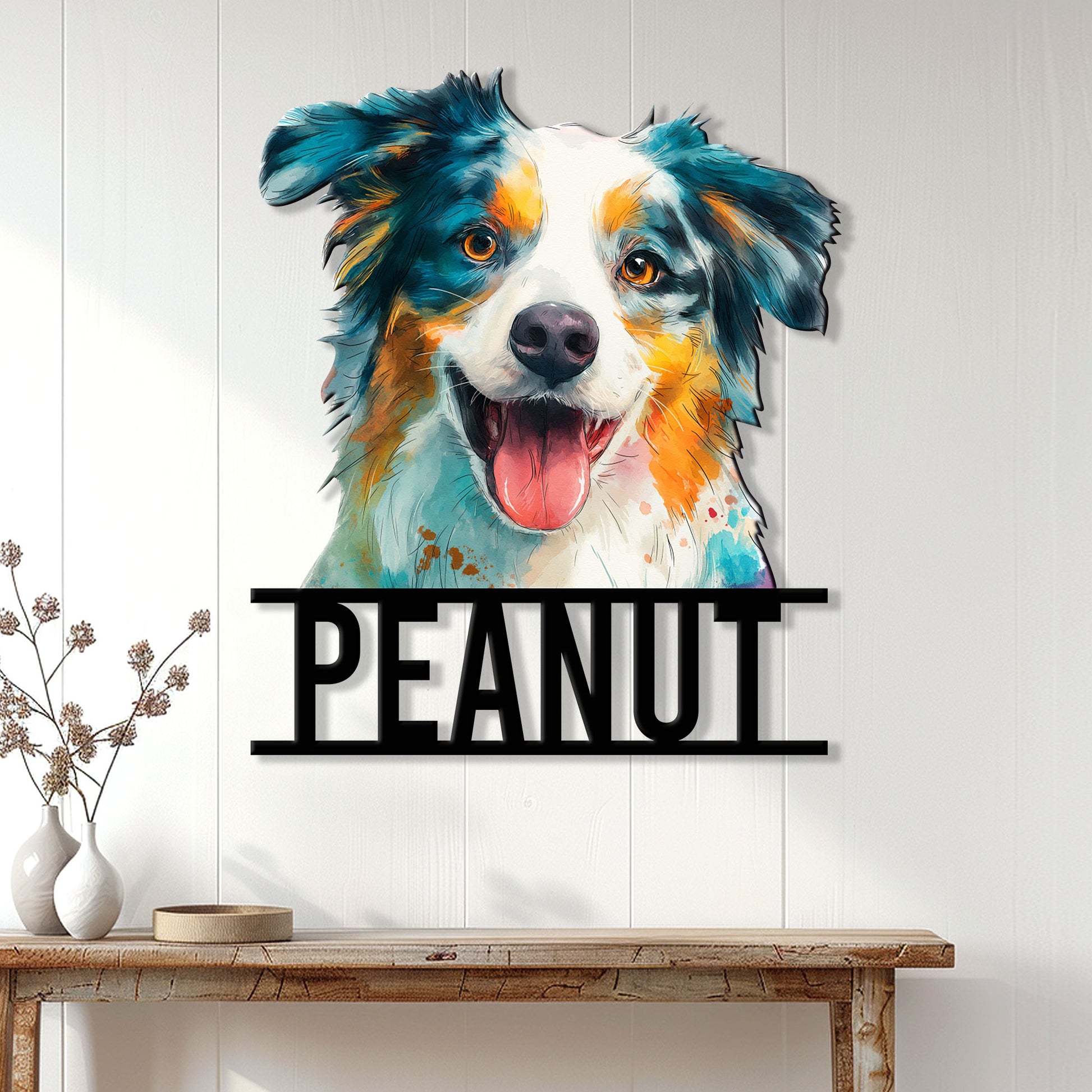 Australian Shepherd portrait metal sign displayed on a light wood-paneled wall in a home entryway