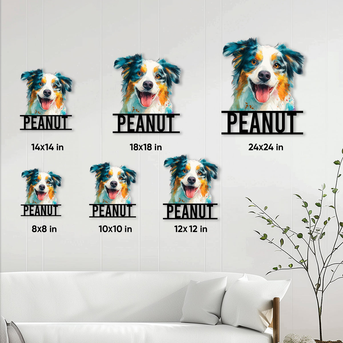 Australian Shepherd metal sign size guide showing six square size options from 8x8 to 24x24 inches