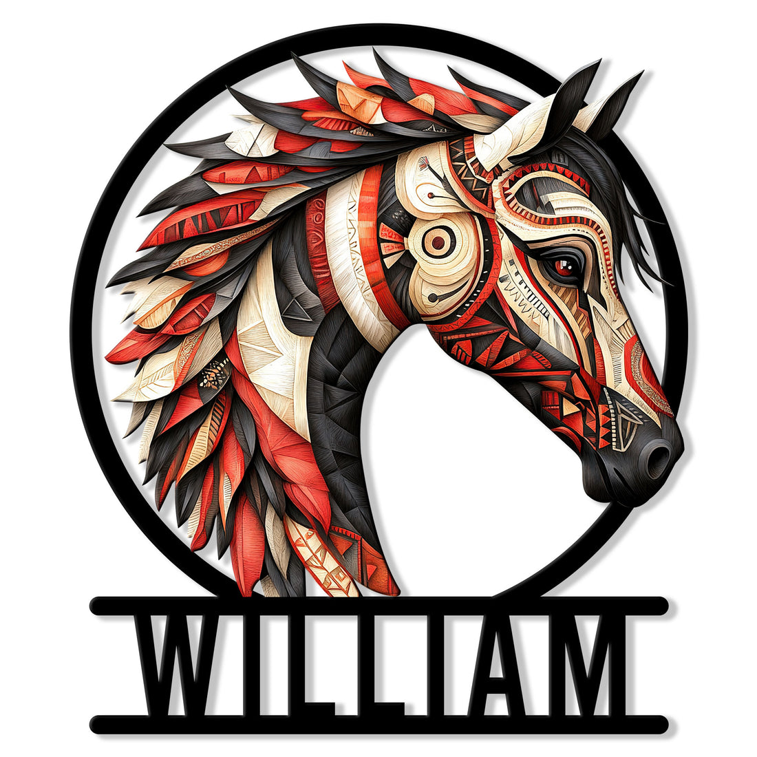 Decorative horse metal sign featuring a bold red, black, and cream feathered horse head design