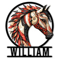 Decorative horse metal sign featuring a bold red, black, and cream feathered horse head design