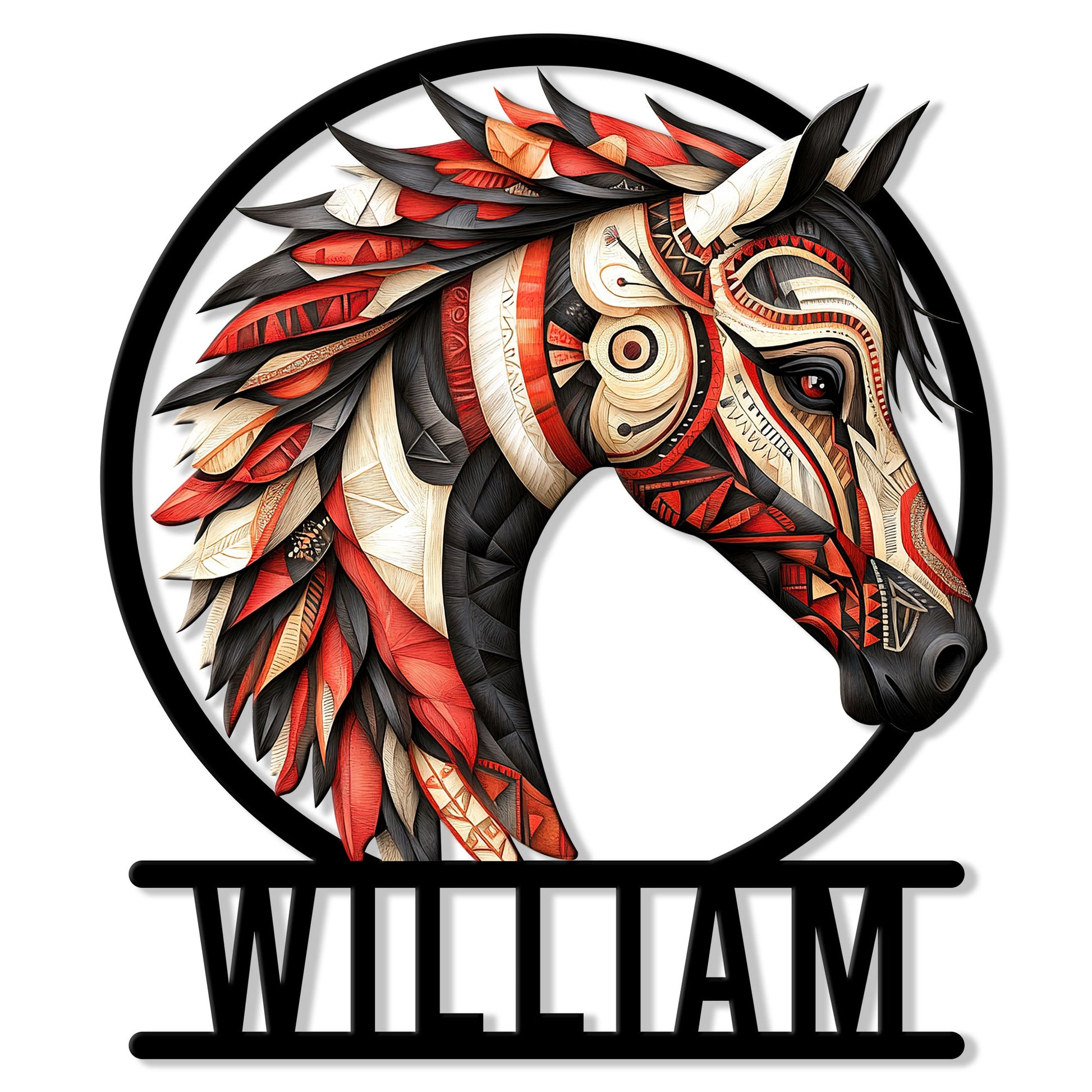 Decorative horse metal sign featuring a bold red, black, and cream feathered horse head design