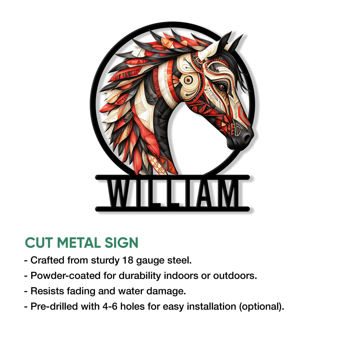 Horse metal sign feature graphic showing a feathered horse design and cut metal sign construction details