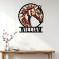 Horse wall sign displayed on a white paneled wall above a console table in a bright home interior