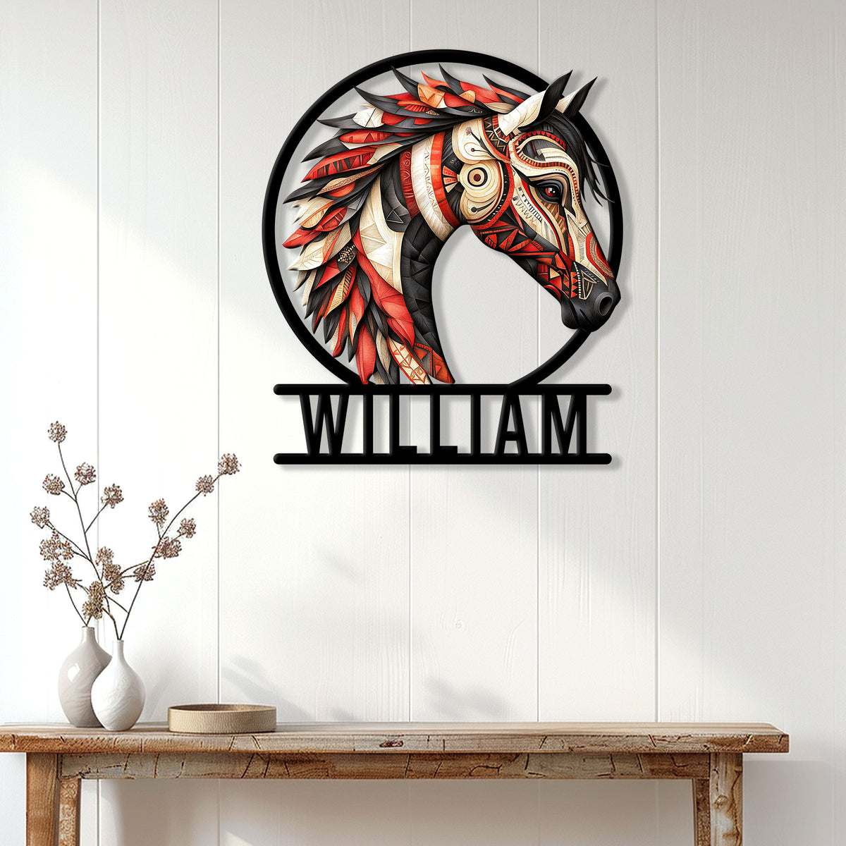 Horse wall sign displayed on a white paneled wall above a console table in a bright home interior