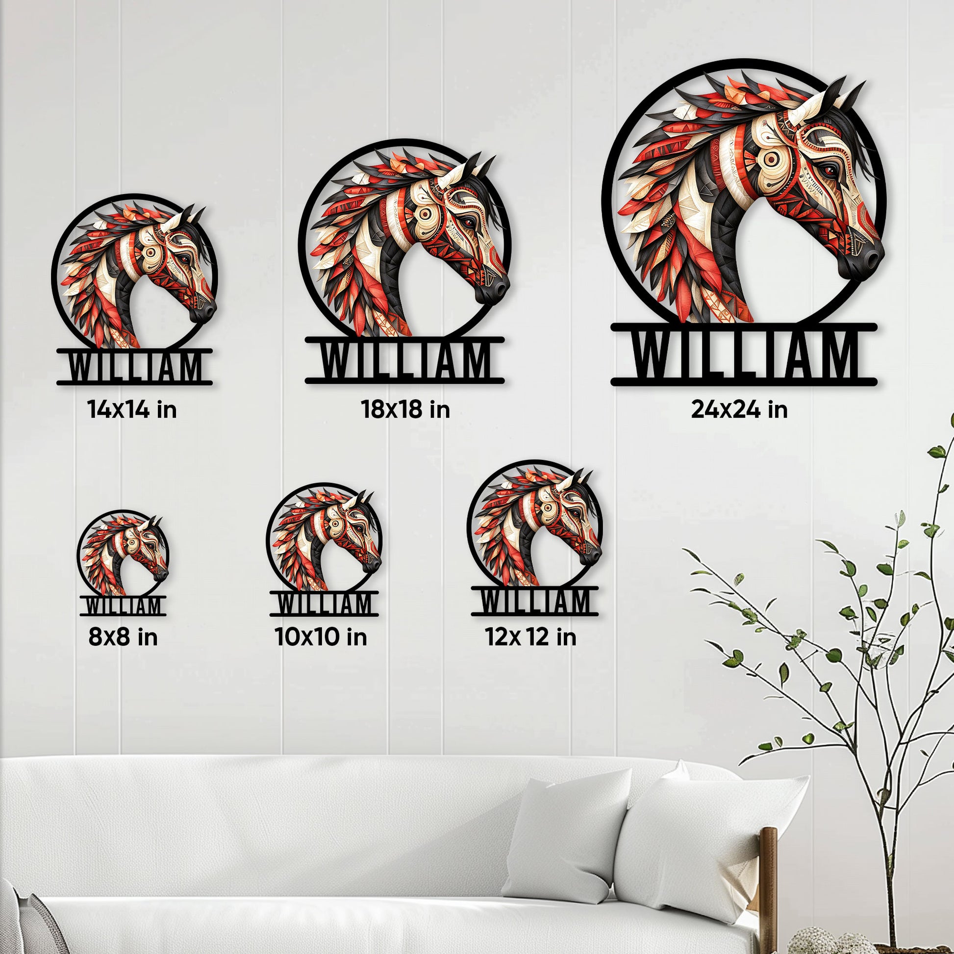 Horse metal sign size guide showing available square sizes from 8 by 8 to 24 by 24 inches