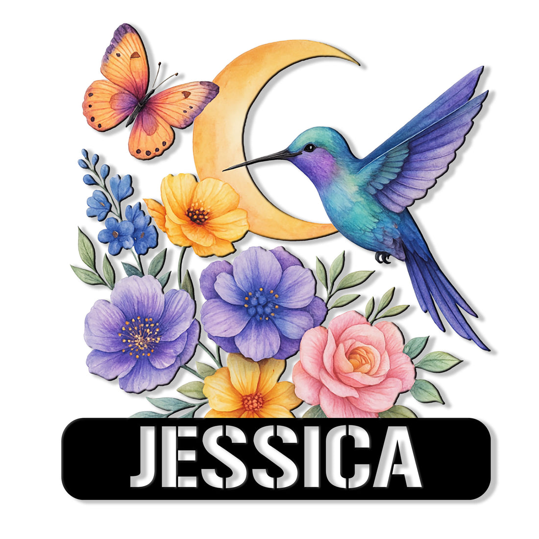 Colorful hummingbird metal sign with a crescent moon, butterfly, and watercolor flowers