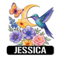 Colorful hummingbird metal sign with a crescent moon, butterfly, and watercolor flowers