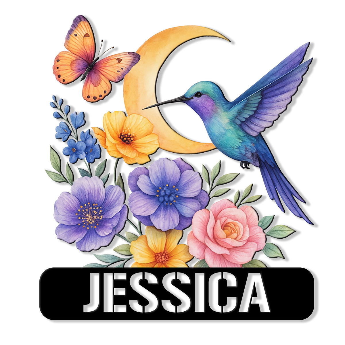 Colorful hummingbird metal sign with a crescent moon, butterfly, and watercolor flowers