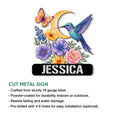 Hummingbird metal sign featuring floral artwork and a cut-metal sign product information graphic