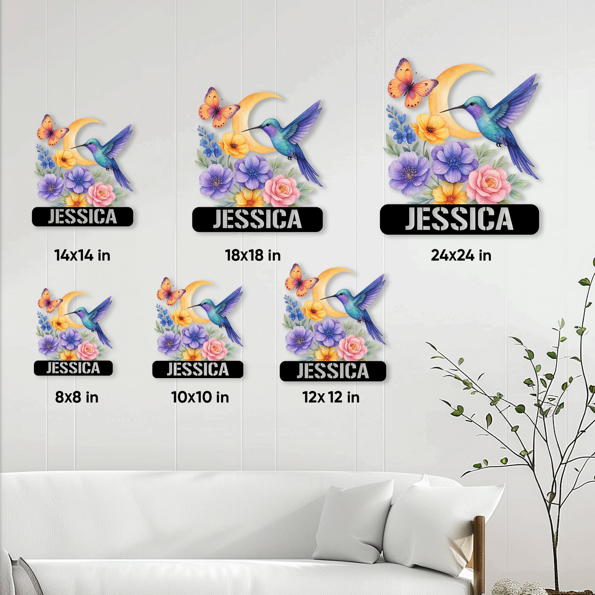 Hummingbird metal sign size guide showing multiple square size options in a bright living room