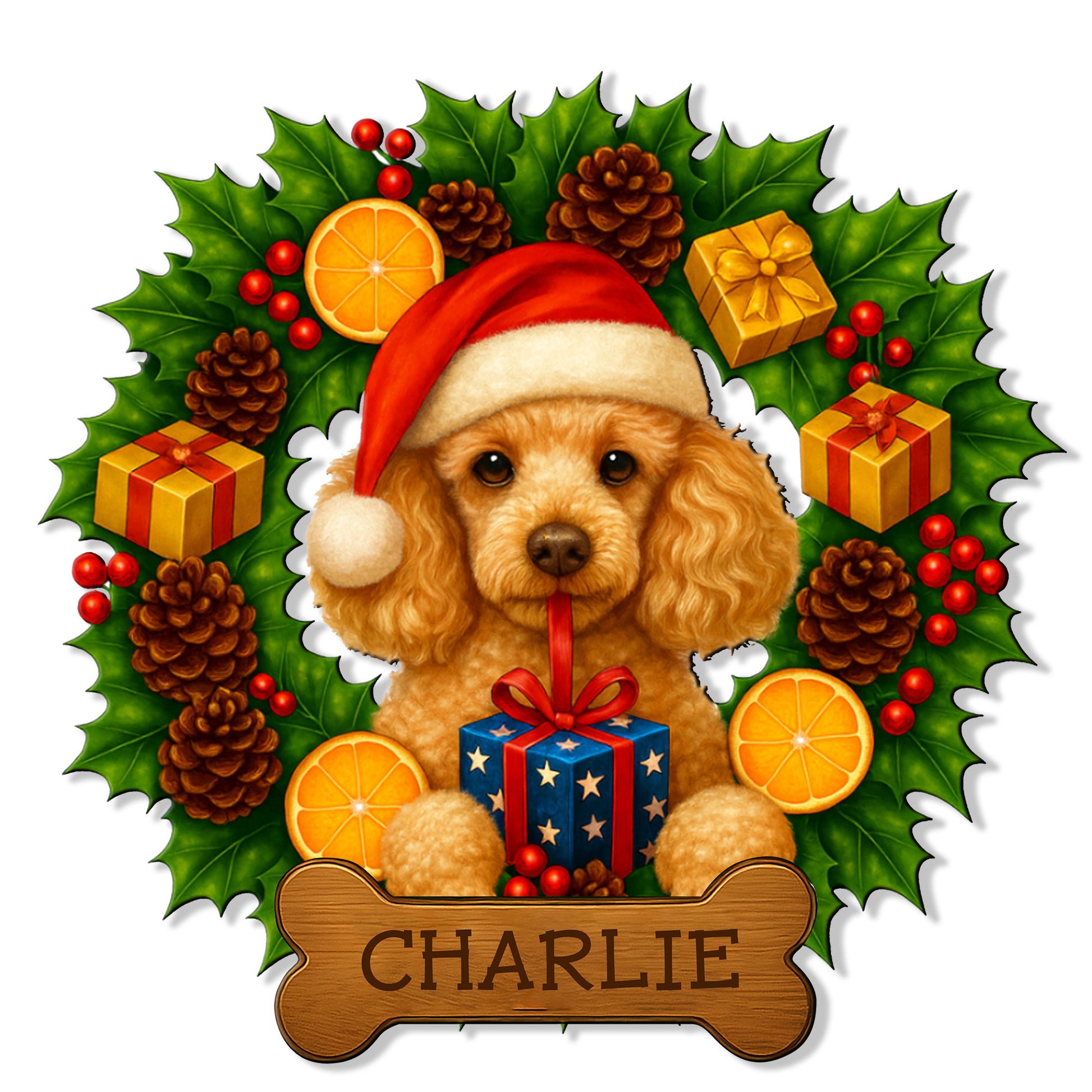 Christmas poodle metal sign featuring a Santa hat, wrapped gift, holly, berries, pinecones, and bone-shaped plaque