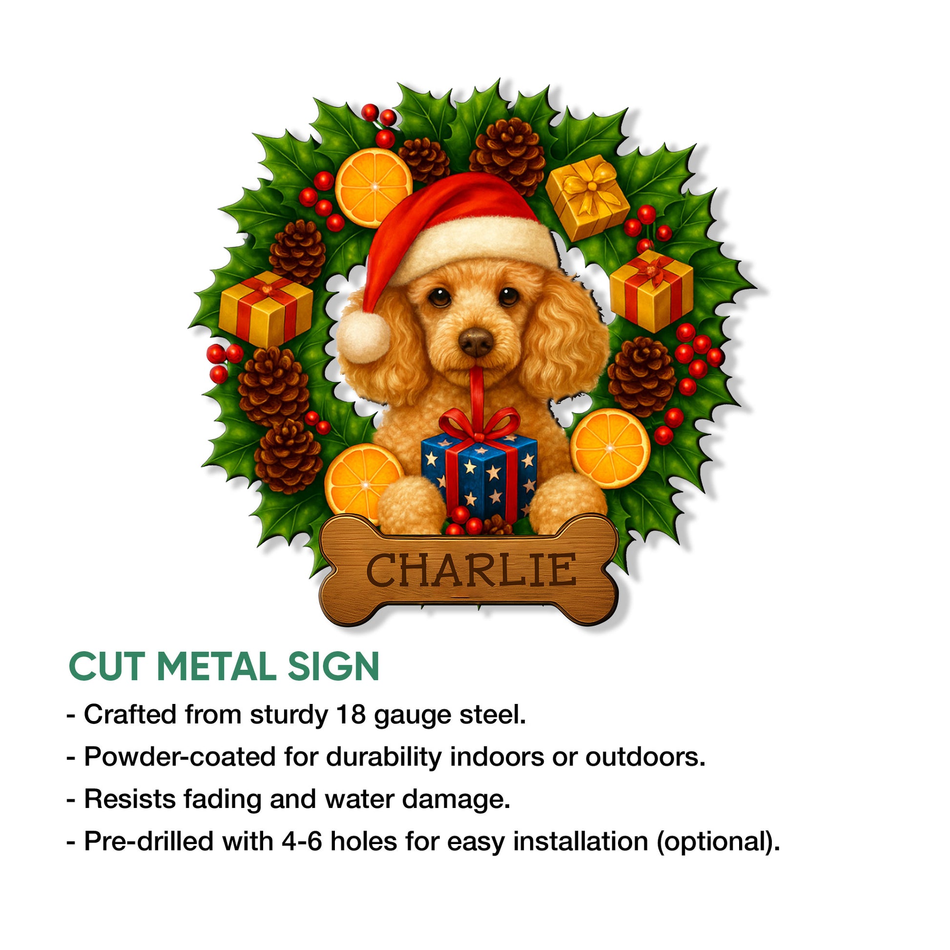 Cut metal poodle sign shown with a festive Santa design and product feature information