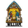 Christian nativity metal sign featuring Mary, Joseph, baby Jesus, shepherd animals, and stained-glass colors