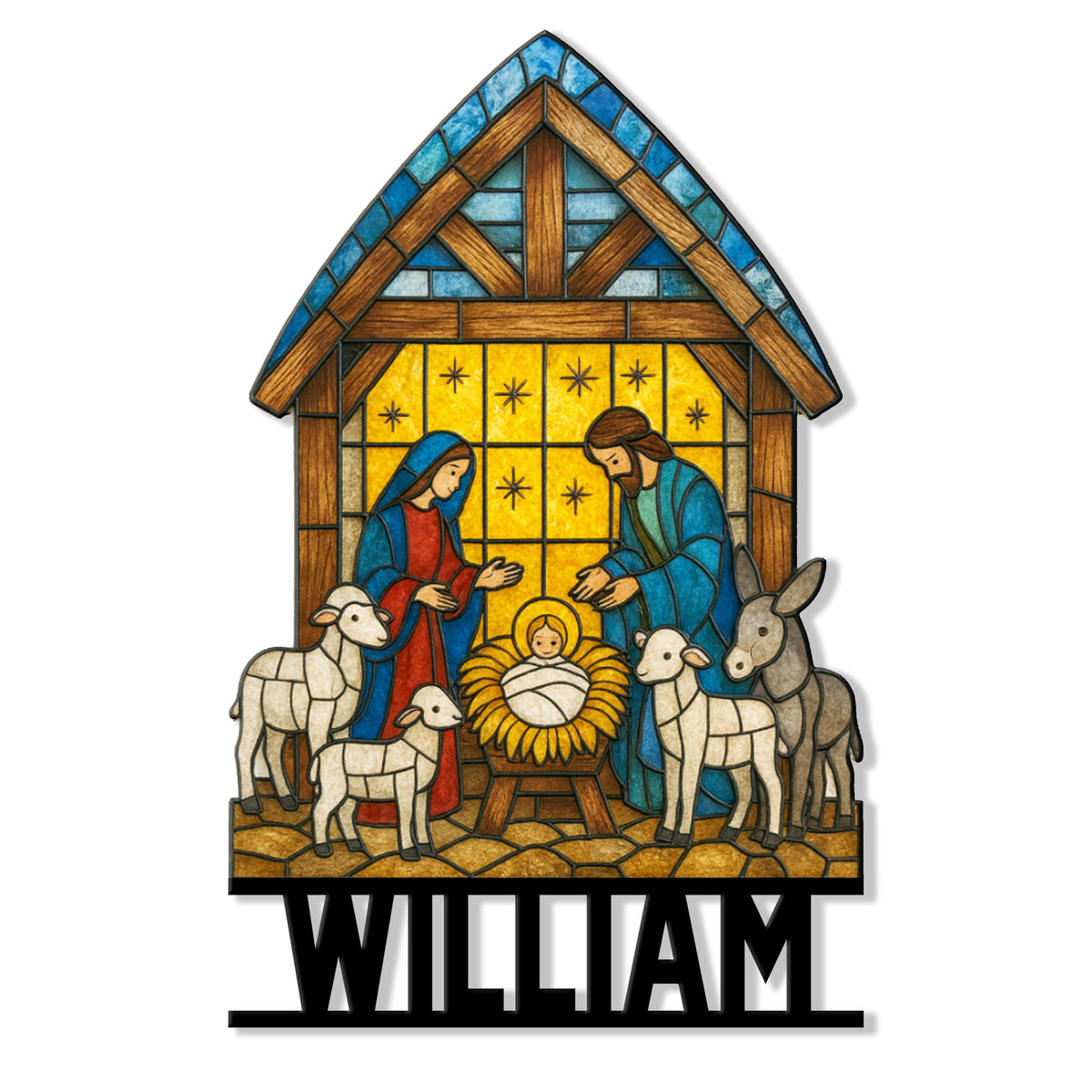 Christian nativity metal sign featuring Mary, Joseph, baby Jesus, shepherd animals, and stained-glass colors