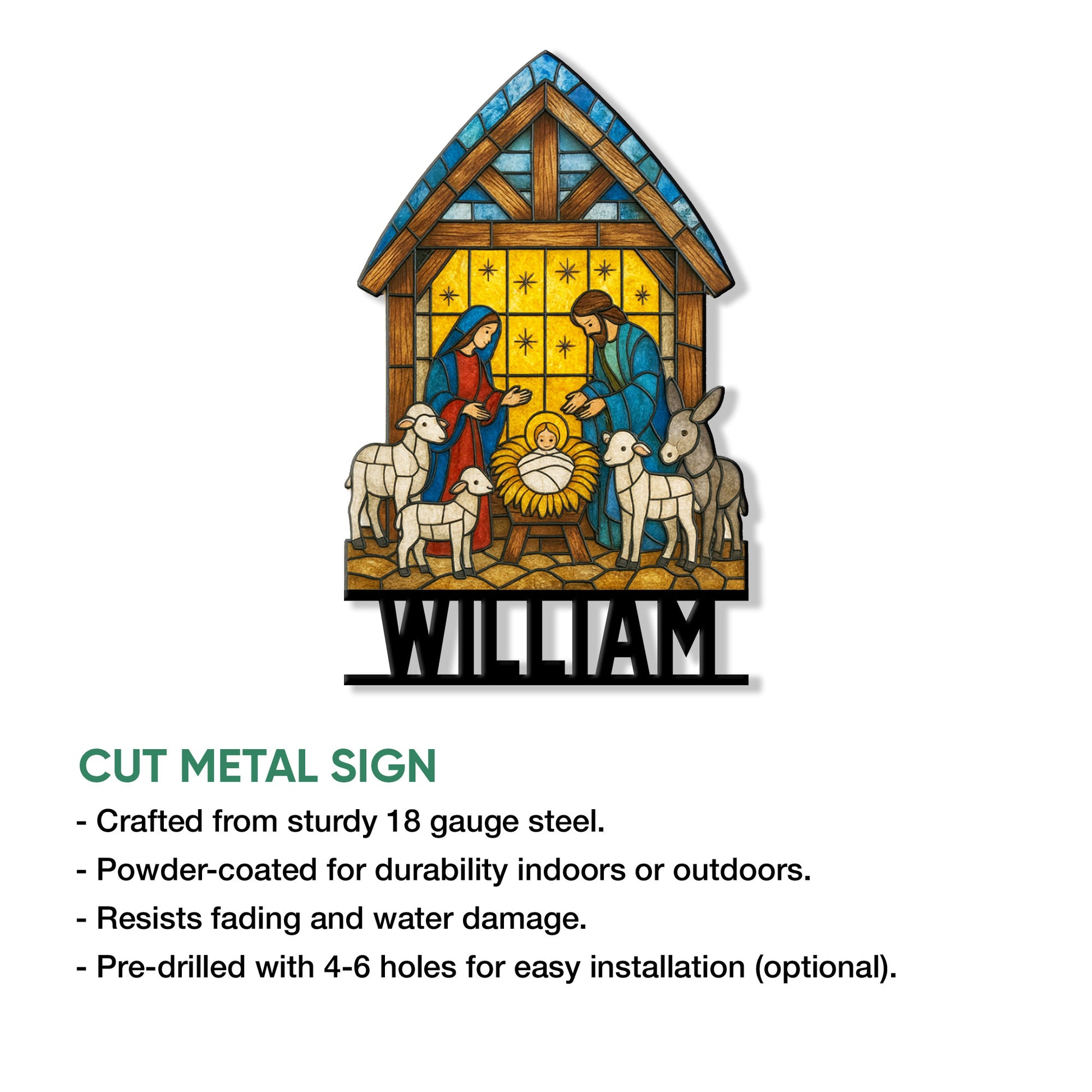 Christian nativity metal sign shown with cut-metal sign details and indoor or outdoor display information