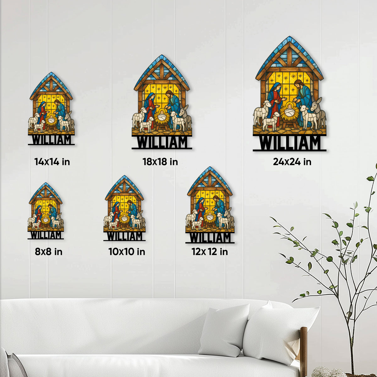 Nativity metal sign size guide showing multiple square size options displayed above a living room sofa