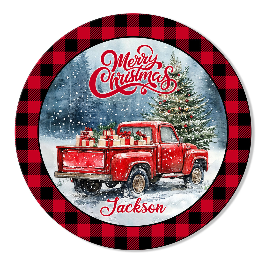 Round Christmas metal sign featuring a vintage red pickup truck, gifts, snowy trees, and buffalo plaid border