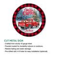 Christmas truck cut metal sign shown with a red pickup, snowy holiday scene, and product feature details